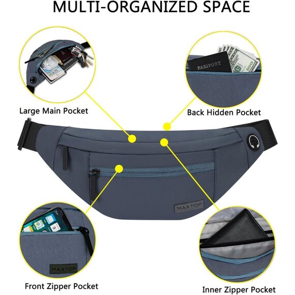 Women Men Dim Grey Large Crossbody Fanny Pack Belt Bag Hands-Free Waist Pack - Picture 3 of 7